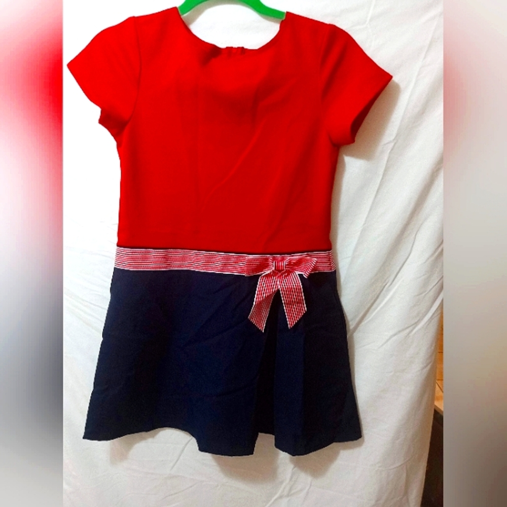 Girls red and navy Bonnie jean size 14 dress with striped bow.